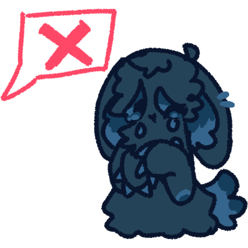 a dark blue rabbit with blue ears, tail and eyes. It is crying and looking off to the side, with its paws on her chest. there is a red speech bubble next to her with an X inside, symbolizing rejection and criticism